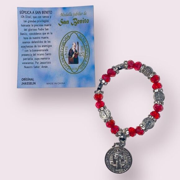 St. Benedict Red Crystal Silver Beaded Stretchy Bracelet - Picture 1 of 7